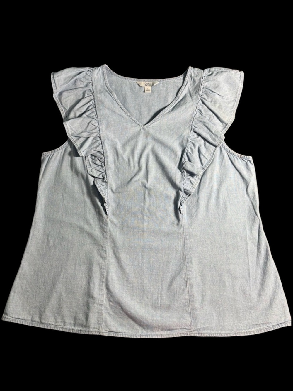 Light Blue Chambray Ruffle V-Neck Sleeveless Top Coquette Soft Girl Coastal L